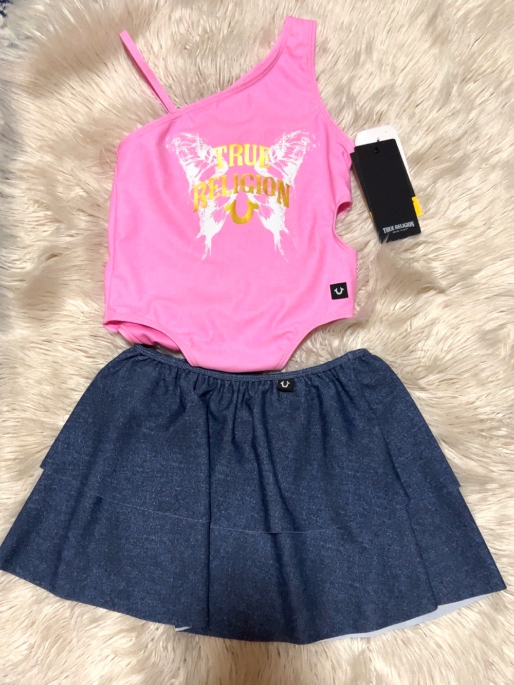 True Religion Pink One-Shoulder Swimsuit with Blue Tiered Skirt